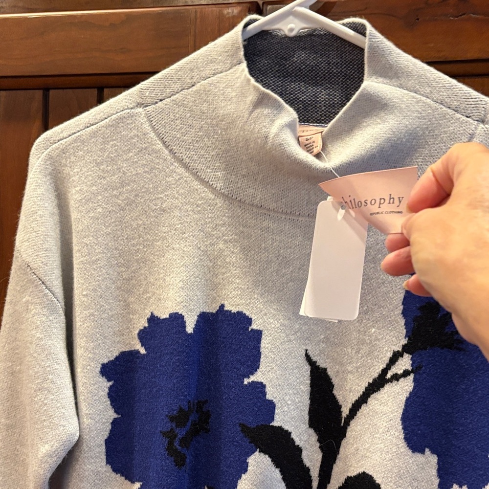Philosophy Gray Top with Blue Floral Pattern